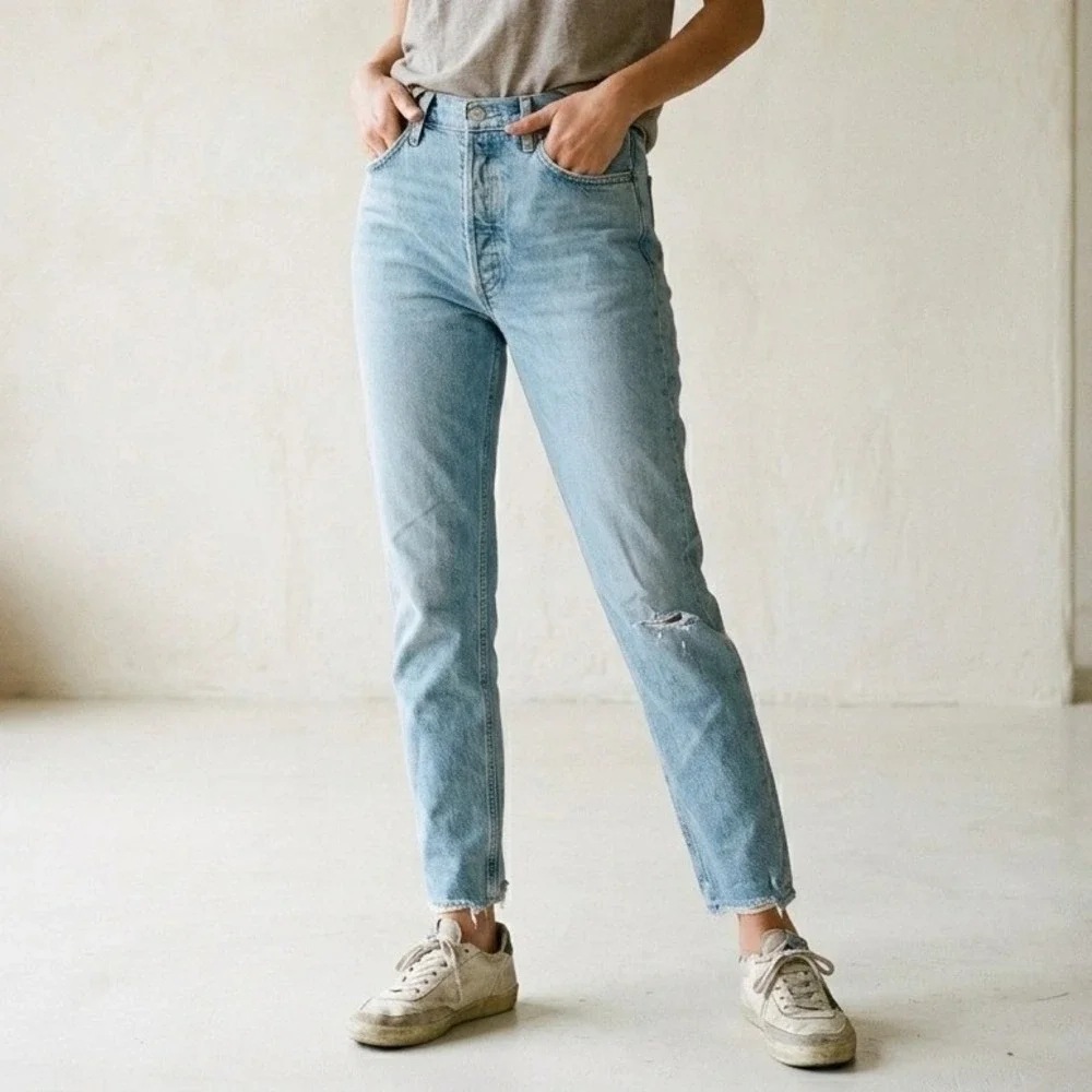 AGOLDE Nico Slim Jeans Womens 28 Blue High Rise Distressed Button Fly Casual